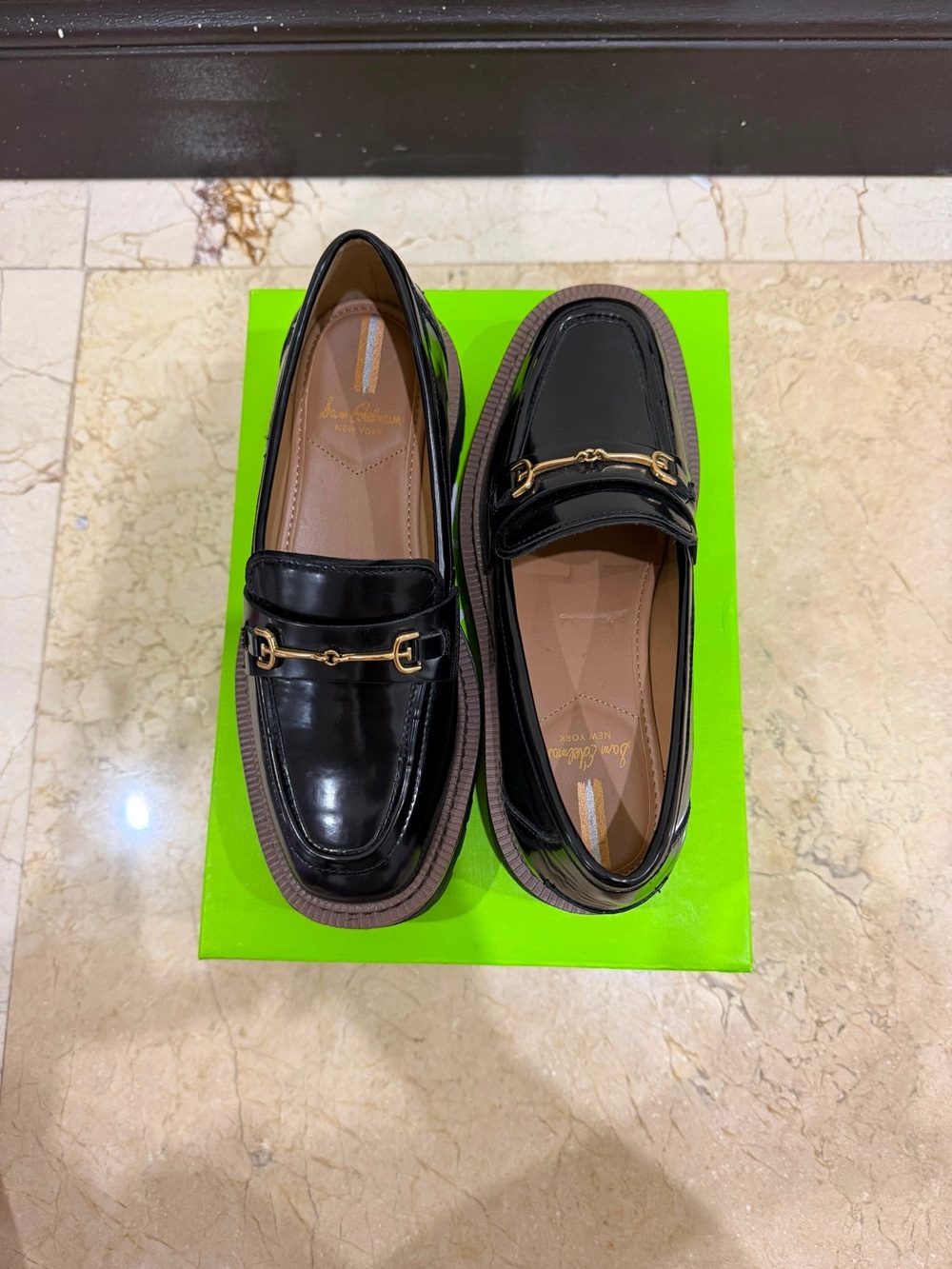 Sam Edelman Black Patent Leather Loafers with Gold Horsebit Hardware